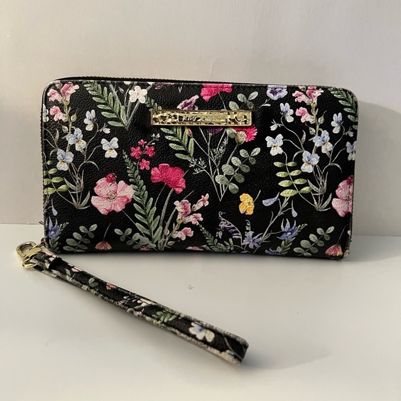 Betsey Johnson Handbags - Betsey Johnson Watercolor Black Floral Large Clutch Zip-Around Wallet